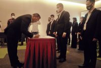Penutupan Musyawarah Kota VII Kamar Dagang dan Industri Indonesia sekaligus Pelantikan Pengurus Kamar Dagang dan Industri Indonesia Kota Palembang Masa Bakti Tahun 2020 – 2025 di Hotel The Zuri, Sabtu (14/11/2020).