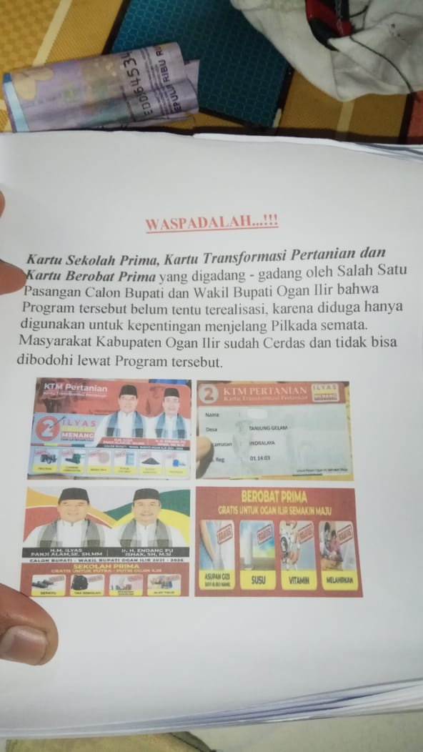 Selebaran berisikan fitnah ditemukan di depan ruko Pasar Indralaya, dan telah laporkan Kuasa Hukum Paslon Ilyas-Endang ke Bawaslu OI
