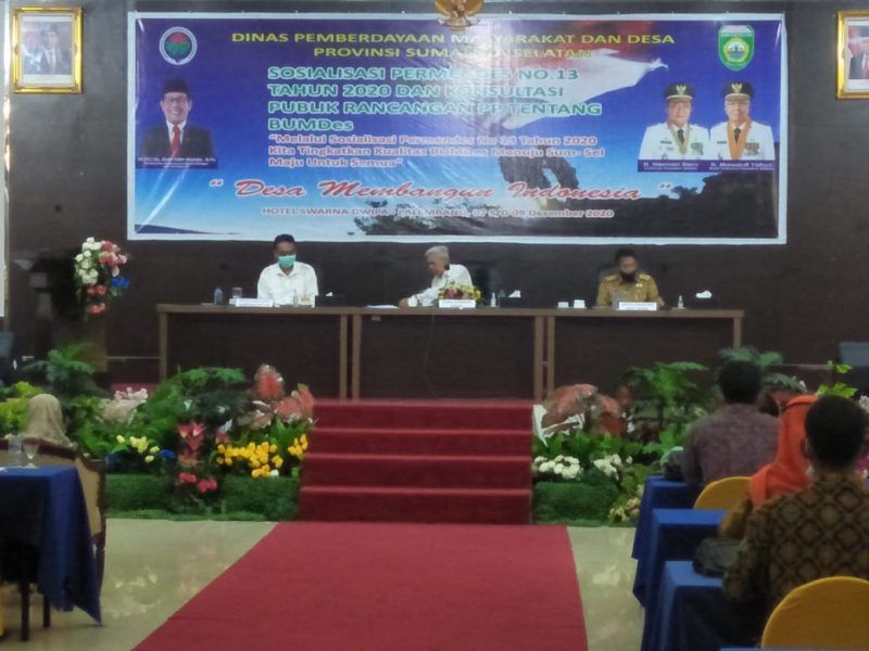 Sosialisasi Badan Pemberdayaan Masyarakat Desa Provinsi Sumatera Selatan (BPMD Sumsel) diselenggarakan di Hotel Swarna Dwipangga, Senin (7/12/2020). 
