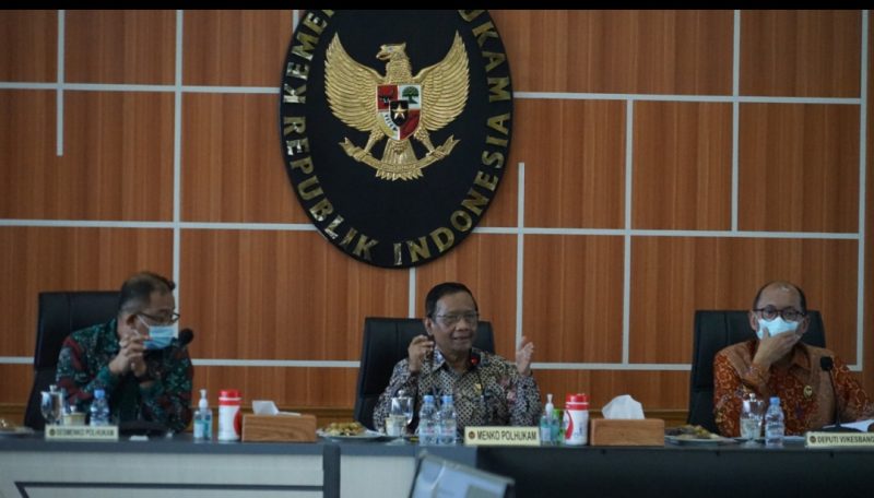 Menko Polhukam Mahfud MD dalam acara Uji Sahih: Hasil Evaluasi dan Rekomendasi Kebijakan Kementerian dan Lembaga di Bidang Kesatuan Bangsa, Jumat (11/12) di Gedung Kemenko Polhukam.