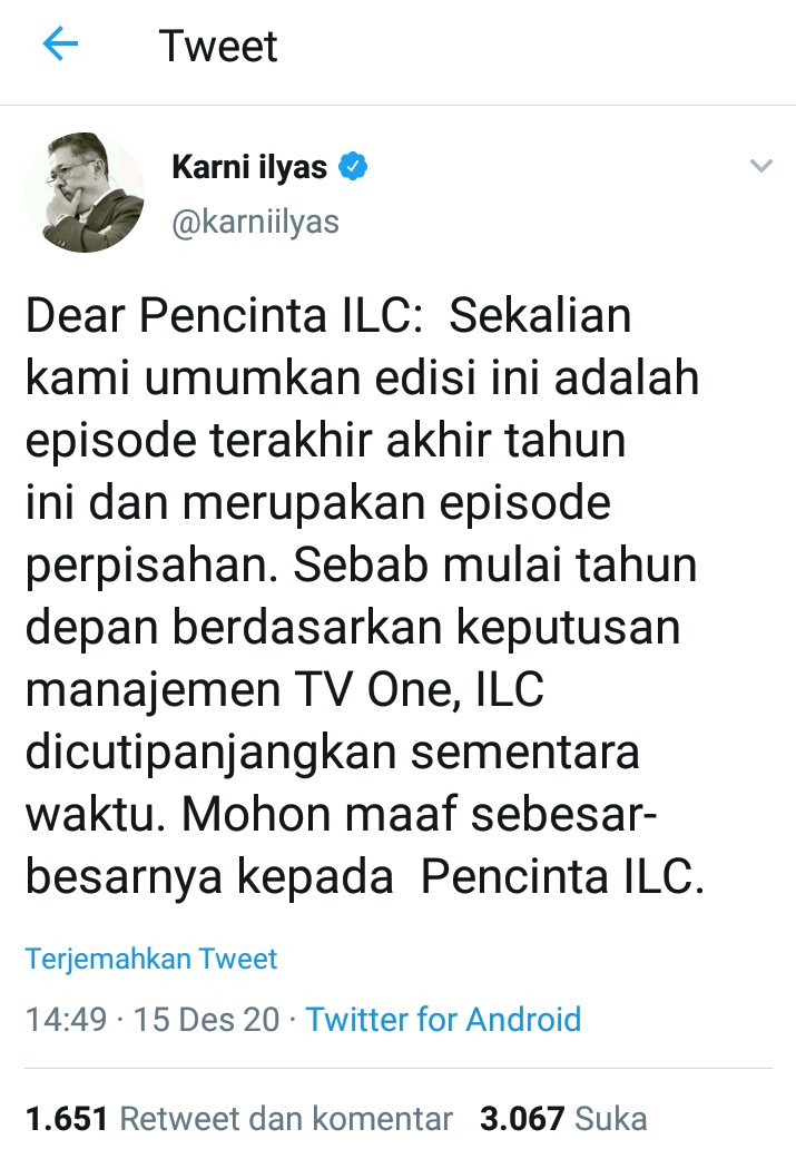 Tulisan Karni Ilyas di media sosial twitter