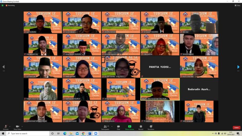YUDISIUM IX Fakultas Ilmu Sosial dan Ilmu Politik Universitas Islam Negeri (FISIP UIN) Raden Fatah Palembang digelar secara virtual melalui aplikasi zoom dengan tema aman, kreatif dan produktif di tengah pandemi, Jumat (29/01/21).