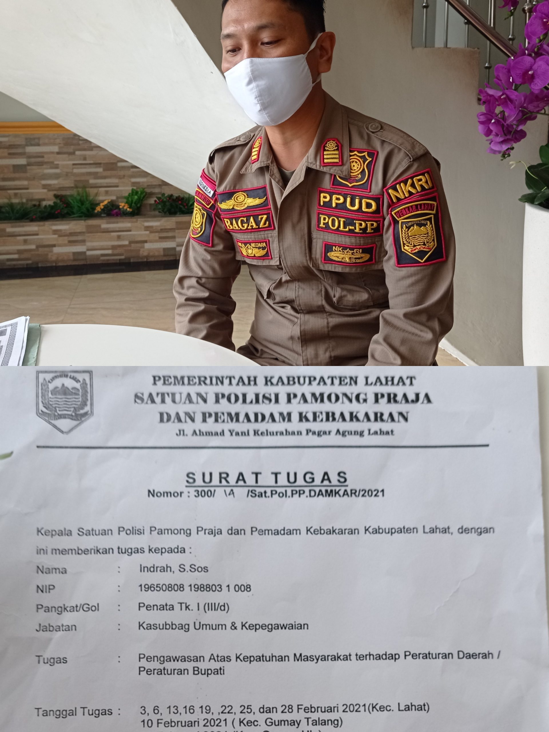 Satpol PP Lahat, Kukun Dharma Putra tengah melakukan Pengawasan tempat usaha.