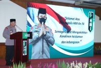 Kapolri Jenderal Listyo Sigit Prabowo menghadiri puncak acara Dies Natalis HMI ke-74 yang digelar di Aula Masjid Sunda Kelapa, Jakarta Pusat, Kamis malam (18/2/2021).