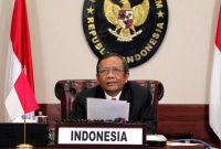 Menteri Koordinator Bidang Politik, Hukum dan Keamanan, Mahfud MD menyampaikan pernyataan nasional RI secara virtual dari Jakarta pada pertemuan The 14th United Nations Congress on Crime Prevention and Criminal Justice yang berlangsung di Kyoto Jepang, Minggu (7/3/2021).