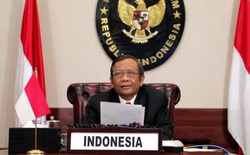 Menteri Koordinator Bidang Politik, Hukum dan Keamanan, Mahfud MD menyampaikan pernyataan nasional RI secara virtual dari Jakarta pada pertemuan The 14th United Nations Congress on Crime Prevention and Criminal Justice yang berlangsung di Kyoto Jepang, Minggu (7/3/2021).