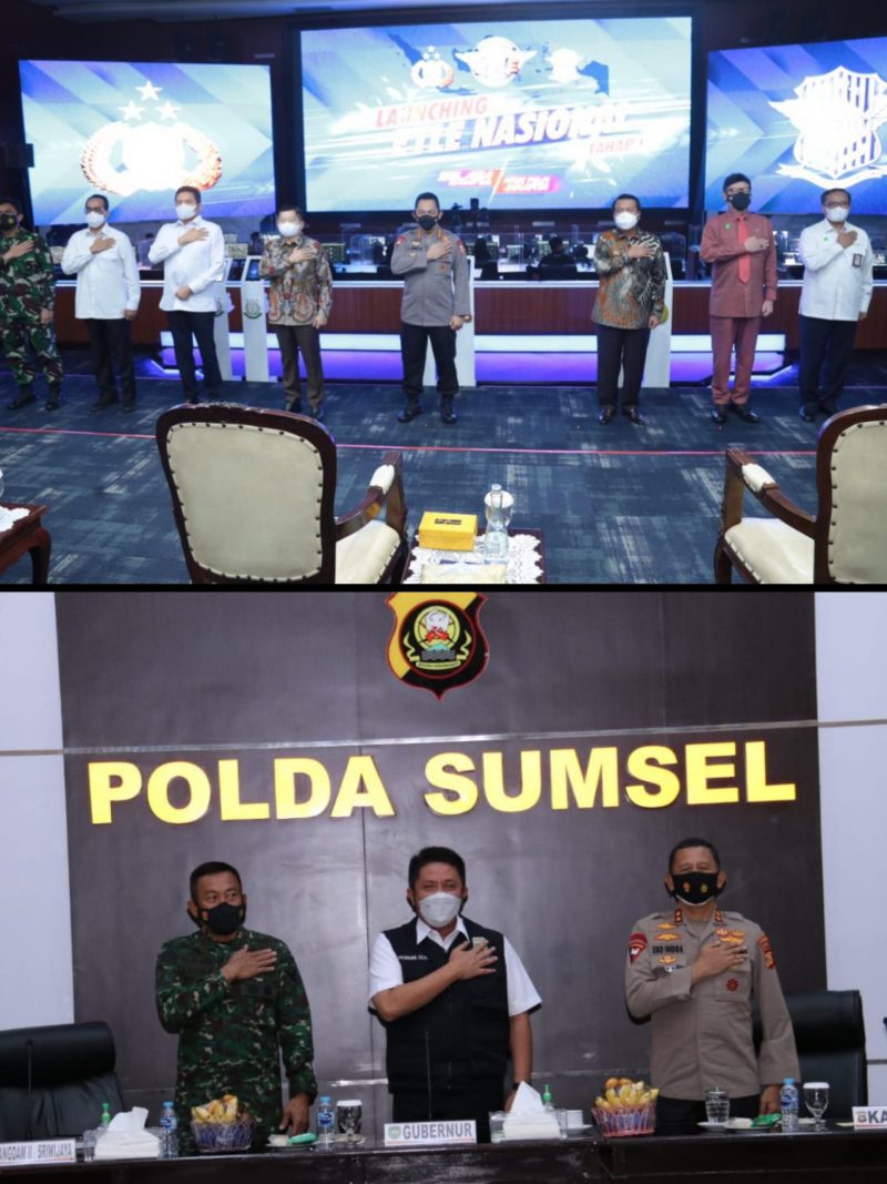 Kapolda Sumsel Irjen Pol Prof Dr Eko Indra Heri S MM, Gubernur Sumsel H Herman Deru, Pangdam II/Sriwijaya Mayjen TNI Agus Suhardi, Wakapolda Sumsel Brigjen Pol Rudi Setiawan SIK SH MH dan Unsur Forkopimda Provinsi Sumsel dan PJU Polda Sumsel mengikuti Launching ETLE Nasional Tahap 1-12 Polda tilang elektronik di gedung Promoter LT III Polda Sumsel, Selasa (23/03/2021). 