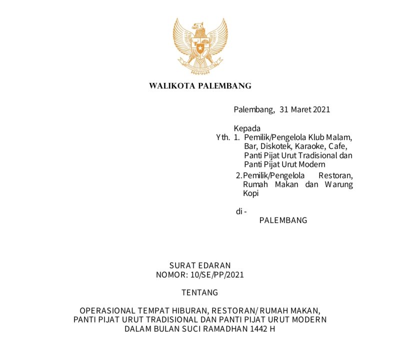 Surat Edaran Walikota Palembang Jelang Ramadhan: Tidak Patuh Kena Sanksi
