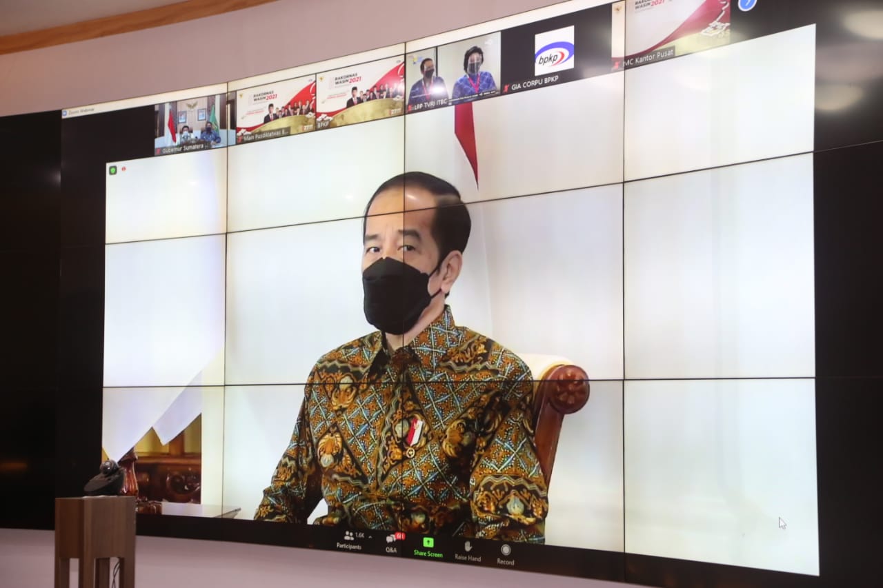 Rapat Koordinasi Nasional (Rakornas) Pengawasan Intern (Wasin) Pemerintah Tahun 2021 dibuka oleh Presiden Republik Indonesia Joko Widodo di Istana Kepresidenan Bogor