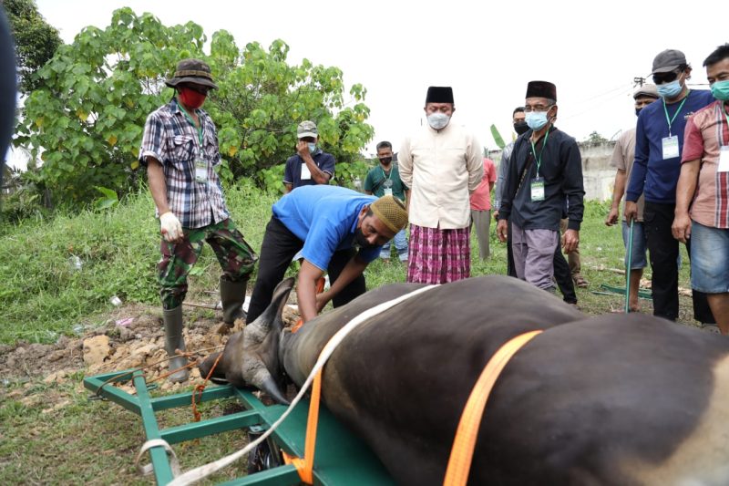 Saat meninjau proses pemotongan hewan kurban di Masjid Al Falah Talang Gading Kecamatan Kalidoni, Gubernur Sumsel H Herman Deru berkesempatan memberi nama alat potong sapi Al-Ikhlas.
