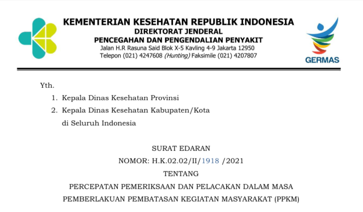 Surat Edaran Nomor : H.K.02.02/II/1918 /2021 tentang Percepatan Pemeriksaan dan Pelacakan Dalam Masa Pemberlakuan Pembatasan Kegiatan Masyarakat (PPKM)