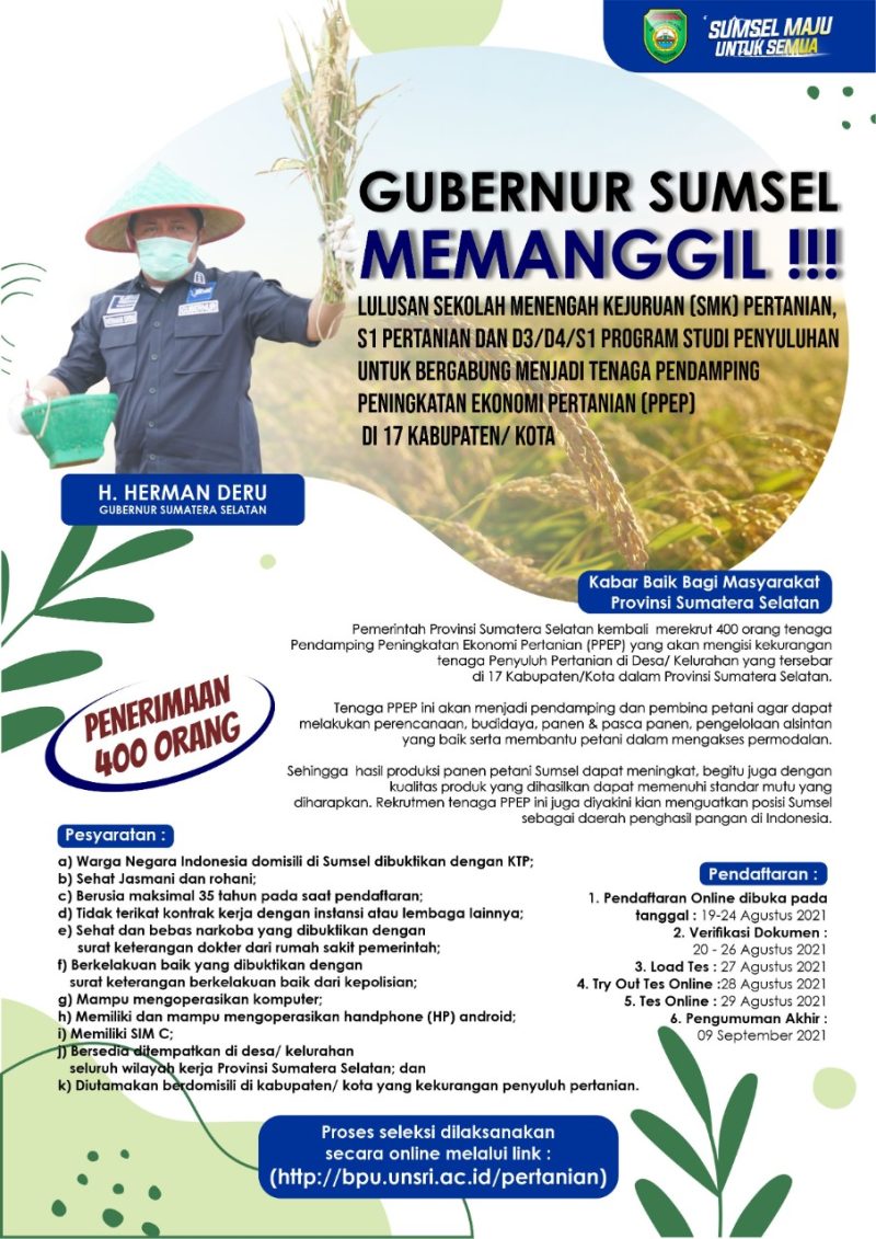 Persyaratan untuk rekrut 400 orang tenaga pendamping peningkatan Ekonomi Pertanian (PPEP).