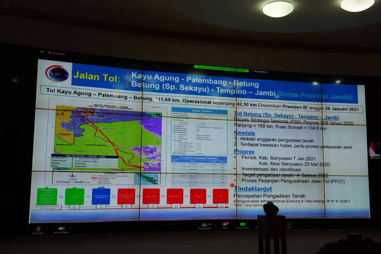 Rapat Koordinasi (Rakor) Pembahasan Percepatan Pembangunan Infrastruktur dan Pengembangan Wilayah di Provinsi Sumsel, bersama lima Menteri Kabinet Indonesia Maju secara virtual di Command Center, Senin (9/8) siang. 