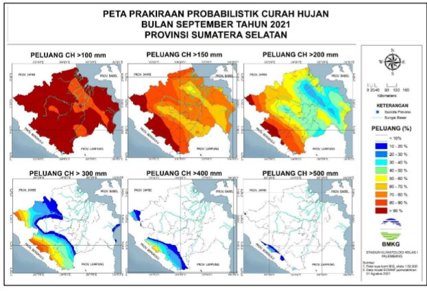 Peta prakiraan probabilistik, pada September 2021. (Sumber: BMKG Stadium Klimatologi Kelas 1 Palembang) 