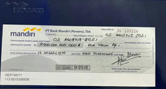 Bilyet Giro yang diserahkan Heryanty