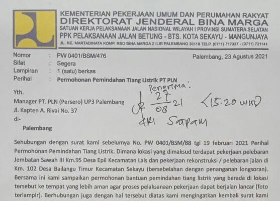 Surat Permohonan Pemindahan Tiang Listrik yang ditujukan ke PLN UIWS2JB
