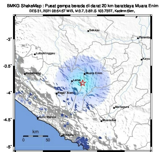 Titik Lokasi Gempa Bumi di Muara Enim Sumsel, Jumat [31/12/2021] [Source; BMKG]