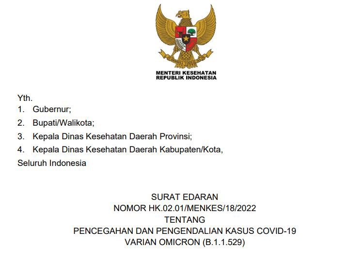 Menteri Kesehatan Budi Gunadi Sadikin menerbitkan Surat Edaran [SE] nomor HK.02.01/MENKES/18/2022 tentang pencegahan dan pengendalian kasus COVID-19 Varian Omicron [B.1.1.529].