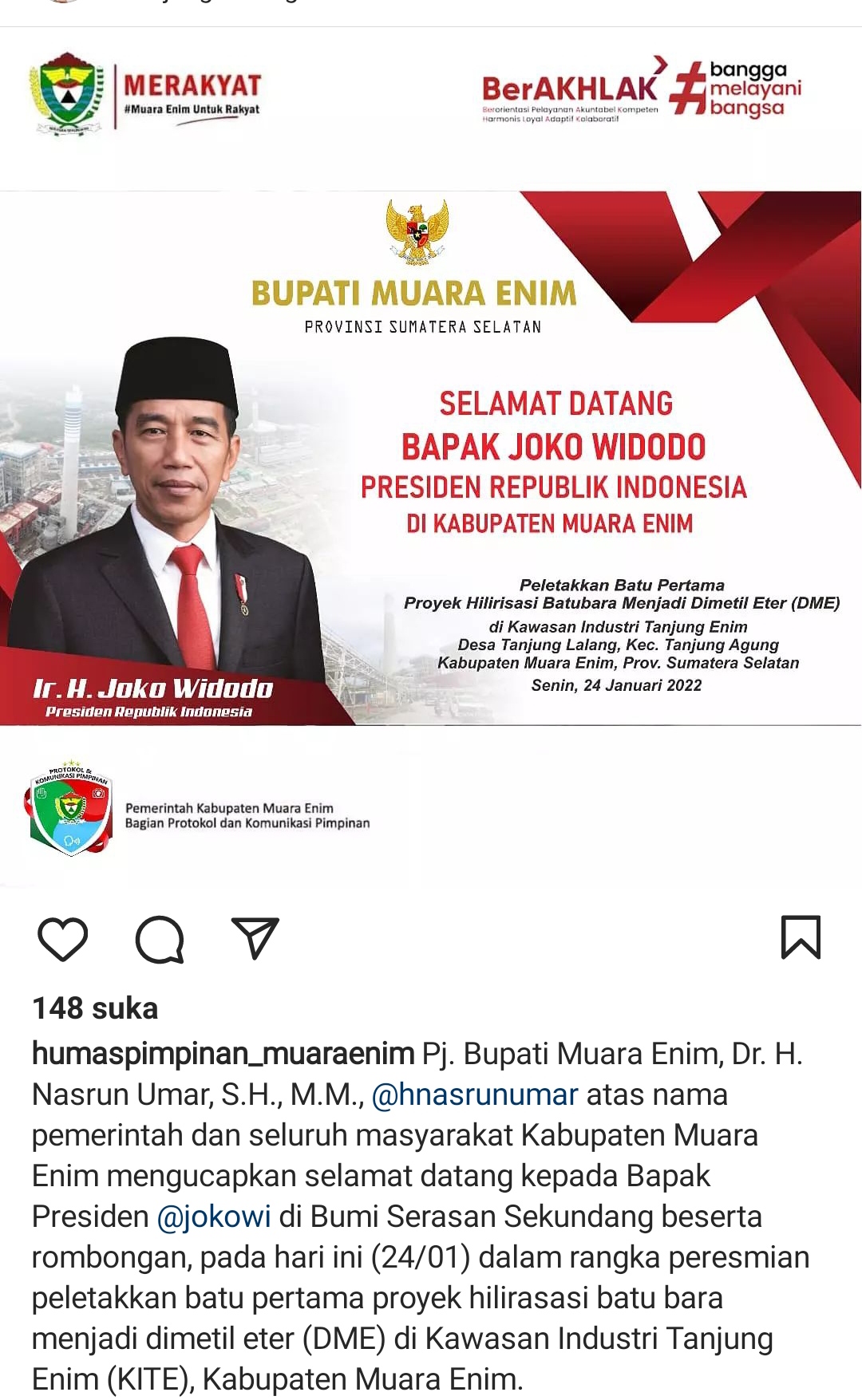 Ucapan Selamat Datang kepada Presiden Joko Widodo [Jokowi] pada instagram@humaspimpinan_muaraenim