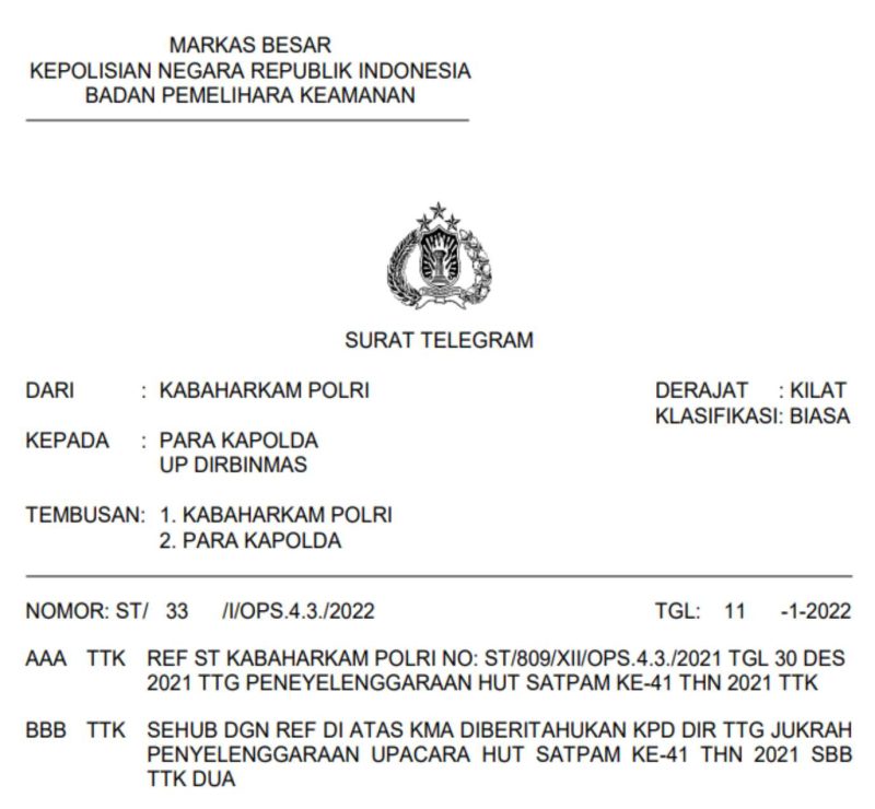 Tangkapan layar Surat telegram dari Kabaharkam Mabes Polri