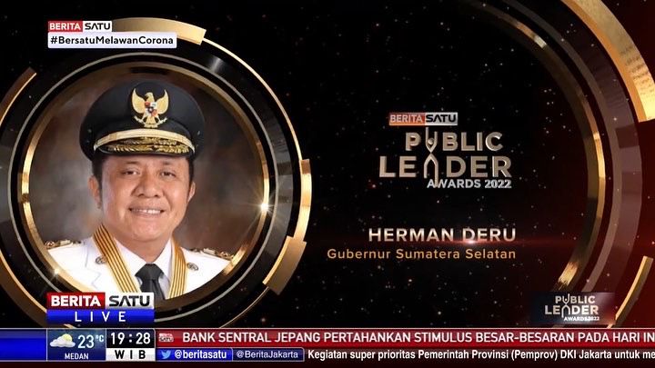 Gubernur Sumsel H Herman Deru mendapatkan penghargaan dalam ajang Public Leader Awards 2022 dengan kategori Wilayah Sumatera terbaik.