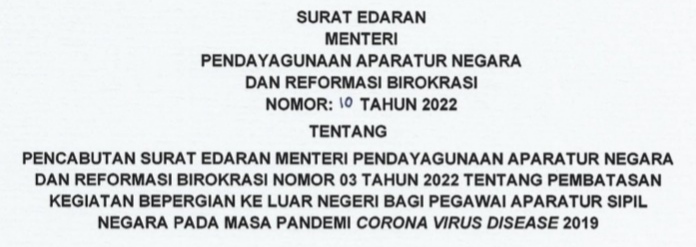 SE Pencabutan Larangan ASN berpergian nomor 10/2022