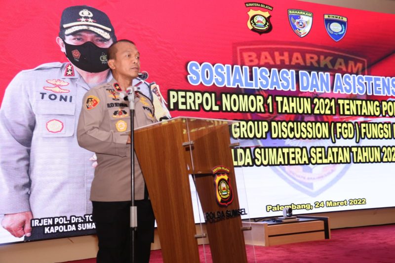 Kapolda Sumsel, Irjen Pol Drs Toni Harmanto MH melalui Wakapolda, Brigjen Pol Rudi Setiawan membuka sosialisasi dan asistensi serta fokus group discussion [FGD] Peraturan Kepolisian [Perpol] nomor 1/2021 tentang Pemolisian Masyarakat [Polmas] 