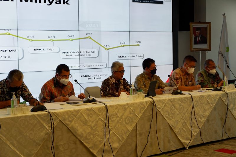 Kepala Satuan Kerja Khusus Pelaksana Kegiatan Usaha Hulu Minyak dan Gas Bumi [SKK Migas] Dwi Soetjipto pada konferensi pers capaian dan kinerja hulu migas kuarta pertama 2022, [22/4] di Jakarta yang diselenggarakan secara hybrid [tatap muka dan online].