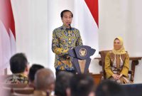 Presiden Jokowi memberikan sambutan pada Penyampaian LHP LKPP Tahun 2021 oleh Ketua BPK Isma Yatun kepada Presiden Jokowi, di Istana Kepresidenan Bogor, Jabar, Kamis (23/06/2022)