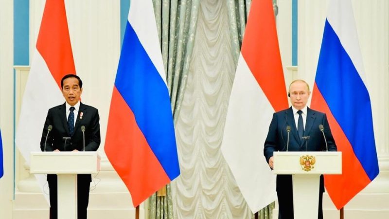 Presiden Jokowi bersama Presiden Putin memberikan keterangan pers bersama usai melakukan pertemuan di Istana Kremlin, Moskow