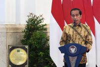 Presiden Jokowi saat menyampaikan sambutan usai menerima Penghargaan dari Presiden Jokowi menerima penghargaan dari Dirjen IRRI, di Istana Negara, Jakarta, Minggu (14/08/2022)