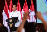 Presiden Jokowi saat memberikan pengarahan kepada KADIN Provinsi Se-Indonesia, di TMII, Jakarta Timur, Selasa (23/08/2022)