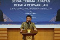 Gubernur Sumsel, H Herman Deru saat sambutan Sertijab Kepala Perwakilan Badan Pemeriksa Keuangan (BPK) RI Sumsel