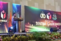 Ketua Bawaslu Rahmat Bagja saat memberikan sambutan dalam Rapat Koordinasi Nasional (Rakornas) Sentra Penegakan Hukum Terpadu (Gakkumdu) di Jakarta, Senin (19/9/2022) malam.