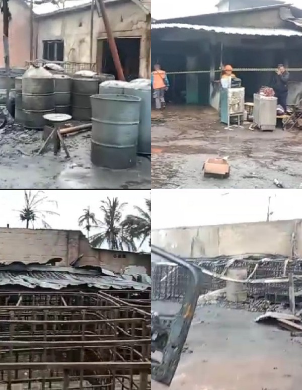 Peristiwa terbakarnya gudang penampungan BBM ilegal yang berlokasi di Jalan Mayjen Satibi Darwis Kelurahan Karya Jaya, Kecamatan Kertapati, Palembang, pada Kamis [22/09/2022],.