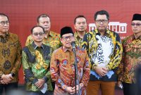 Ketua Umum PKB Muhaimin Iskandar didampingi delegasi PKB memberikan keterangan pers usai bertemu dengan Presiden Jokowi. Senin (31/10/2022), di Istana Kepresidenan Jakarta