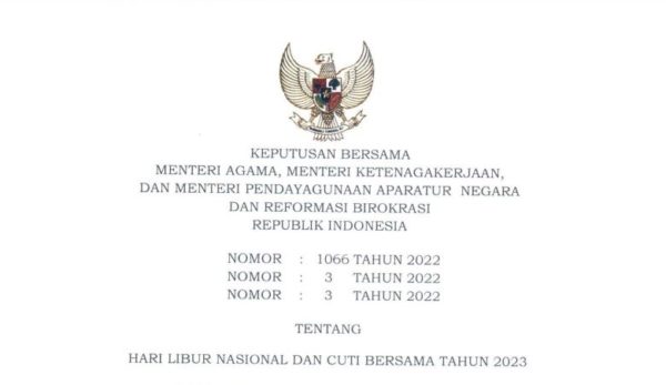 SKB Menteri Agama, Menteri Ketenagakerjaan, Menteri Pendayagunaan Aparatur Negara dan Reformasi Birokrasi Nomor 1066 Tahun 2022, Nomor 3 Tahun 2022, Nomor 3 Tahun 2022 tentang Hari Libur Nasional dan Cuti Bersama Tahun 2023