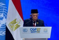 Wakil Presiden Ma'ruf Amin mewakili Presiden Joko Widodo memberikan pernyataan nasional pada Konferensi Tingkat Tinggi (KTT) COP27 di Sharm El-Sheikh, Mesir, Senin (07/11/2022)
