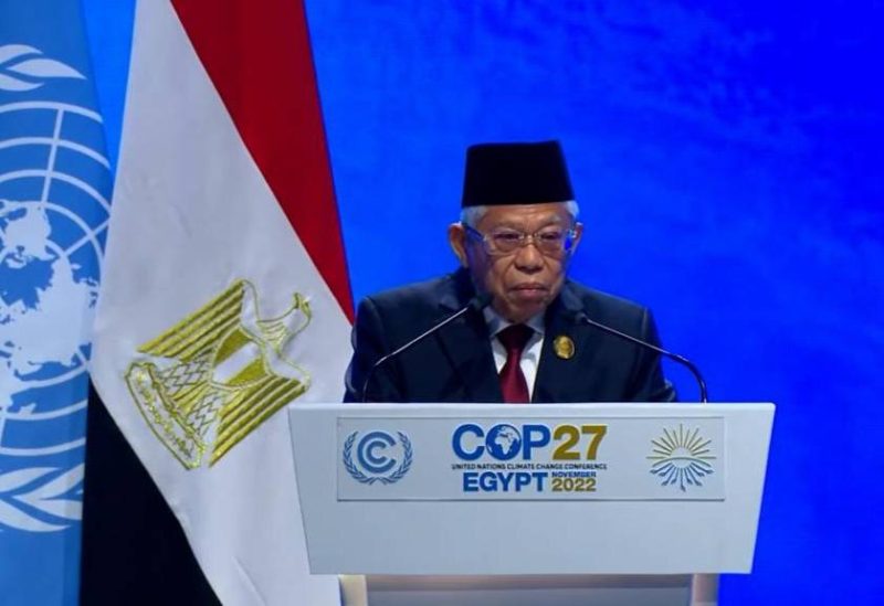 Wakil Presiden Ma'ruf Amin mewakili Presiden Joko Widodo memberikan pernyataan nasional pada Konferensi Tingkat Tinggi (KTT) COP27 di Sharm El-Sheikh, Mesir, Senin (07/11/2022)