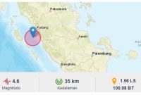 Gempa dengan magnitudo 4,6 terjadi di laut 60 km Barat Daya Painan-Pesisir Selatan. Getaran gempa terasa di sekitar Padang, Sumatera Barat, Minggu (27/11/2022) pukul 18.37.30 WIB (foto: @InfoBMKG)