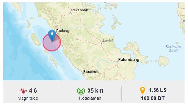 Gempa dengan magnitudo 4,6 terjadi di laut 60 km Barat Daya Painan-Pesisir Selatan. Getaran gempa terasa di sekitar Padang, Sumatera Barat, Minggu (27/11/2022) pukul 18.37.30 WIB (foto: @InfoBMKG)