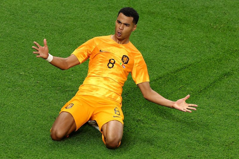Selebrasi gol pemain Timnas Belanda, Cody Gakpo usai membobol gawang Senegal pada laga Grup A Piala Dunia Qatar 2022 di Al-Thumama Stadium, Doha, Senin (21/11/2022) malam WIB.