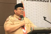 Ketua Bawaslu Rahmat Bagja memberikan sambutan dalam kegiatan sosialisasi produk hukum Bawaslu yang diselenggarakan oleh Bawaslu Kabupaten Bandung, di Jawa Barat, Minggu (6/11/2022)