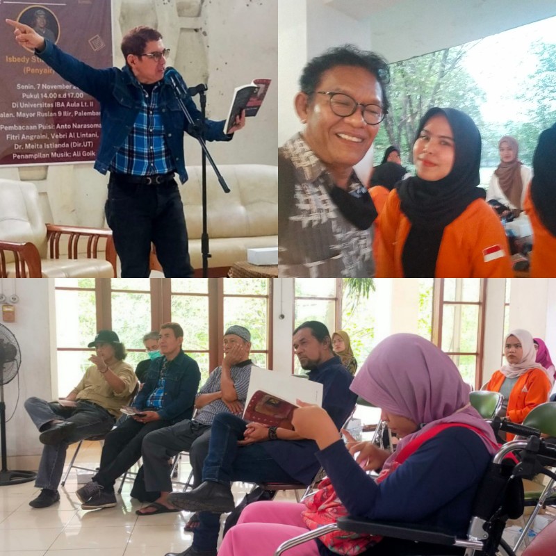 Sebelum pembahasan buku yang diluncurkan itu dilakukan panitia penyelenggara (mahasiswa Universitas IBA), tampil para pembaca puisi di depan podium, Anto Narasoma, Vebri Al-Lintani, Direktur Umum Universitas Terbuka Sumatera Selatan Dr Meita Istianda, Fitri Anggarini, dan tayangan musik Ali Goik.