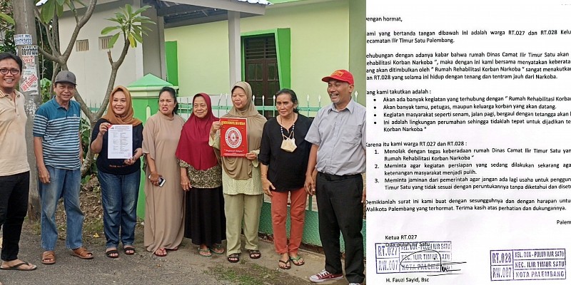 Protes warga RT 027-028 Kelurahan 20 Ilir, Kecamatan Ilir Timur 1 Palembang terus berlangsung terhadap alih fungsi rumah dinas [rumdin] camat IT 1 yang akan dijadikan tempat 'Rehabilitasi Korban Narkoba'. 