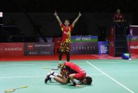 Selebrasi juara Indonesia Masters 2022 ganda putra Indonesia Fajar Alfian/Muhammad Rian Ardianto beberapa waktu lalu di Istora, Senayan, Jakarta.