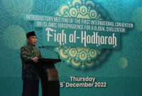 Ketua Umum PBNU KH Yahya Cholil Staquf saat berbicara di hadapan diplomat negara-negara Islam dan negara sahabat di Jakarta, Kamis (15/12/2022). Dokumentasi/ Istimewa