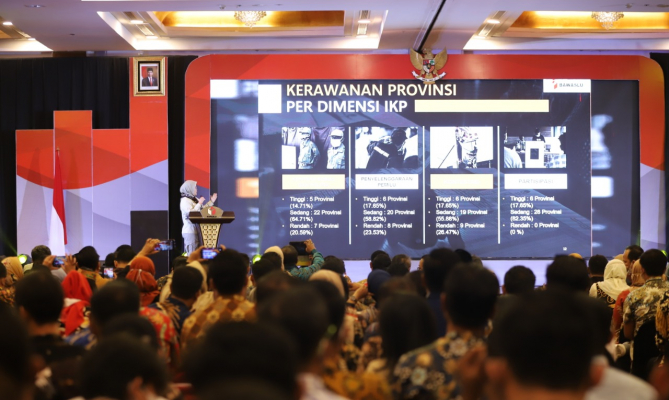 Koordinator Divisi Pencegahan, Partisipasi Masyarakat, dan Humas Lolly Suhenty memaparkan data hasil IKP 2024 di Jakarta, Jumat (16/12/2022)