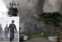 Situasi Erupsi Gunung Semeru yang dipenuhi awan hitam dan Bupati Lumajang Thoriqul Haq atau Cak Thoriq (inset) di lokasi erupsi. Bupati menetapkan masa tanggap darurat bencana selema 14 hari. (@BNPB_Indonesia dan Lumajang Kab.go.id)