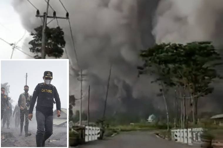 Situasi Erupsi Gunung Semeru yang dipenuhi awan hitam dan Bupati Lumajang Thoriqul Haq atau Cak Thoriq (inset) di lokasi erupsi. Bupati menetapkan masa tanggap darurat bencana selema 14 hari. (@BNPB_Indonesia dan Lumajang Kab.go.id)